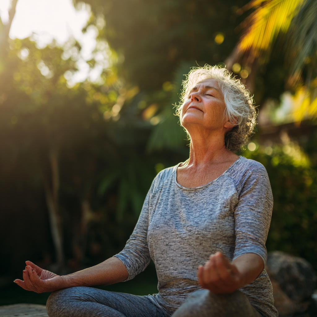 Smiling elderly European woman in comfortable yoga clothes practicing gentle stretching exercises in a peaceful garden setting