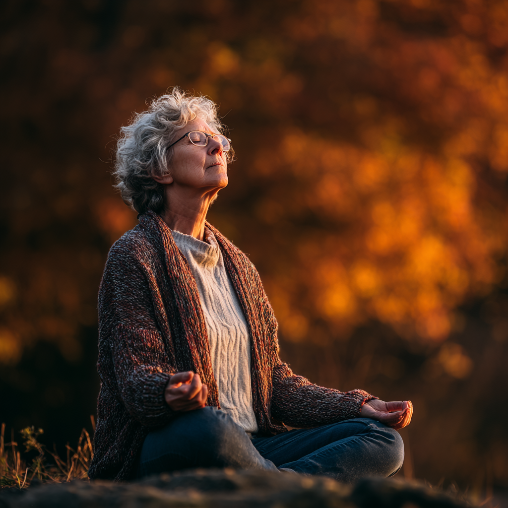 Happy elderly European man and woman doing simple desk yoga stretches together in a bright modern office space