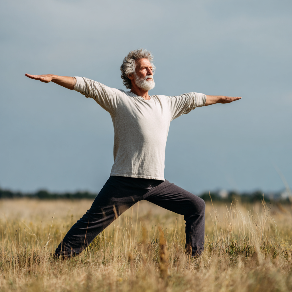 Peaceful elderly European couple meditating together outdoors in a serene natural setting with soft lighting