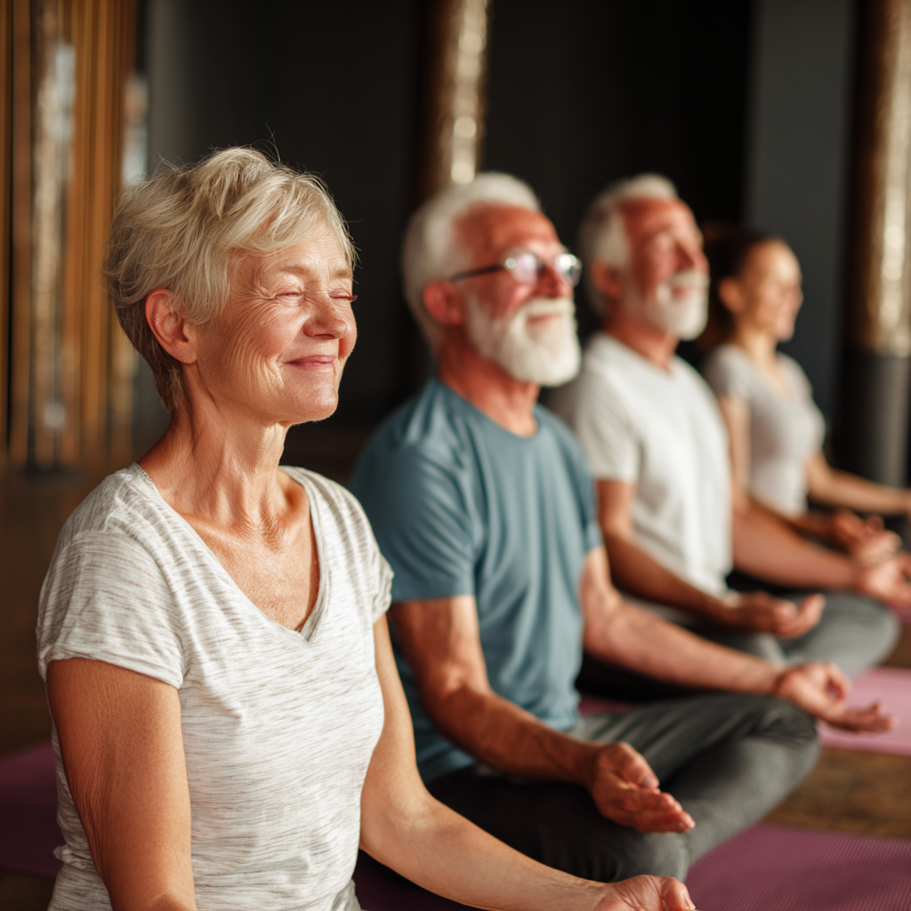 Serene elderly European woman with a gentle smile sitting in a comfortable meditation pose in a warm, inviting yoga studio